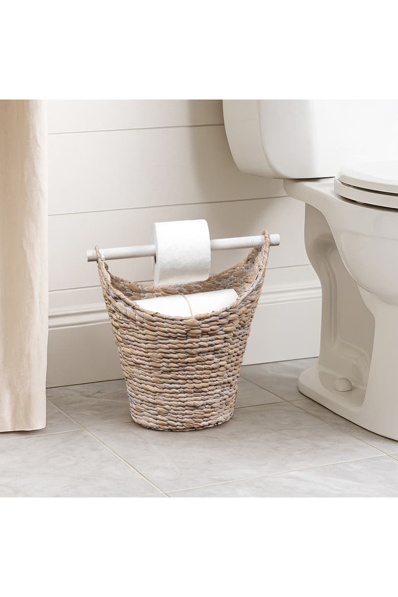 Talia Classic Coastal Hand-Woven Water Hyacinth Toilet Paper Basket with Wood Bar, Alternate, color, White Wash