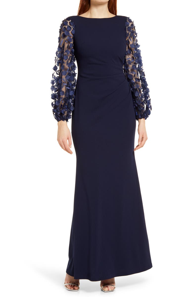 Eliza J Floral Appliqué Long Sleeve Trumpet Gown, Main, color,