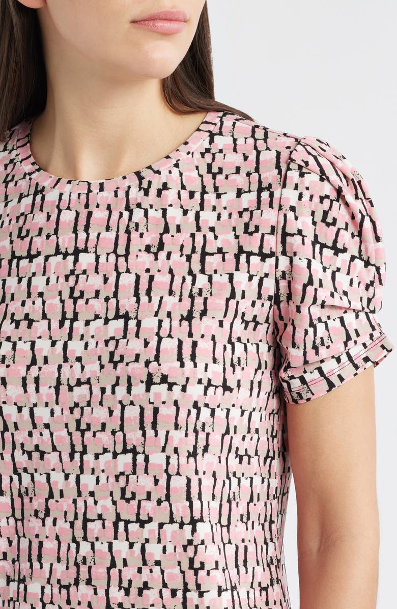 AK ANNE KLEIN Print Pleat Short Sleeve Top, Alternate, color, Calypso Coral Multi