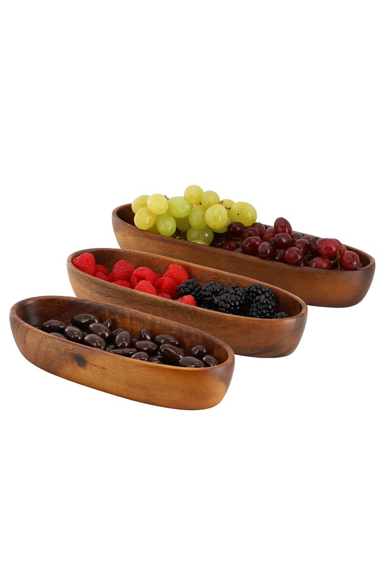 3 Piece Acacia Wood Oval Serving Bowls in Assorted Sizes, Main, color, Acacia