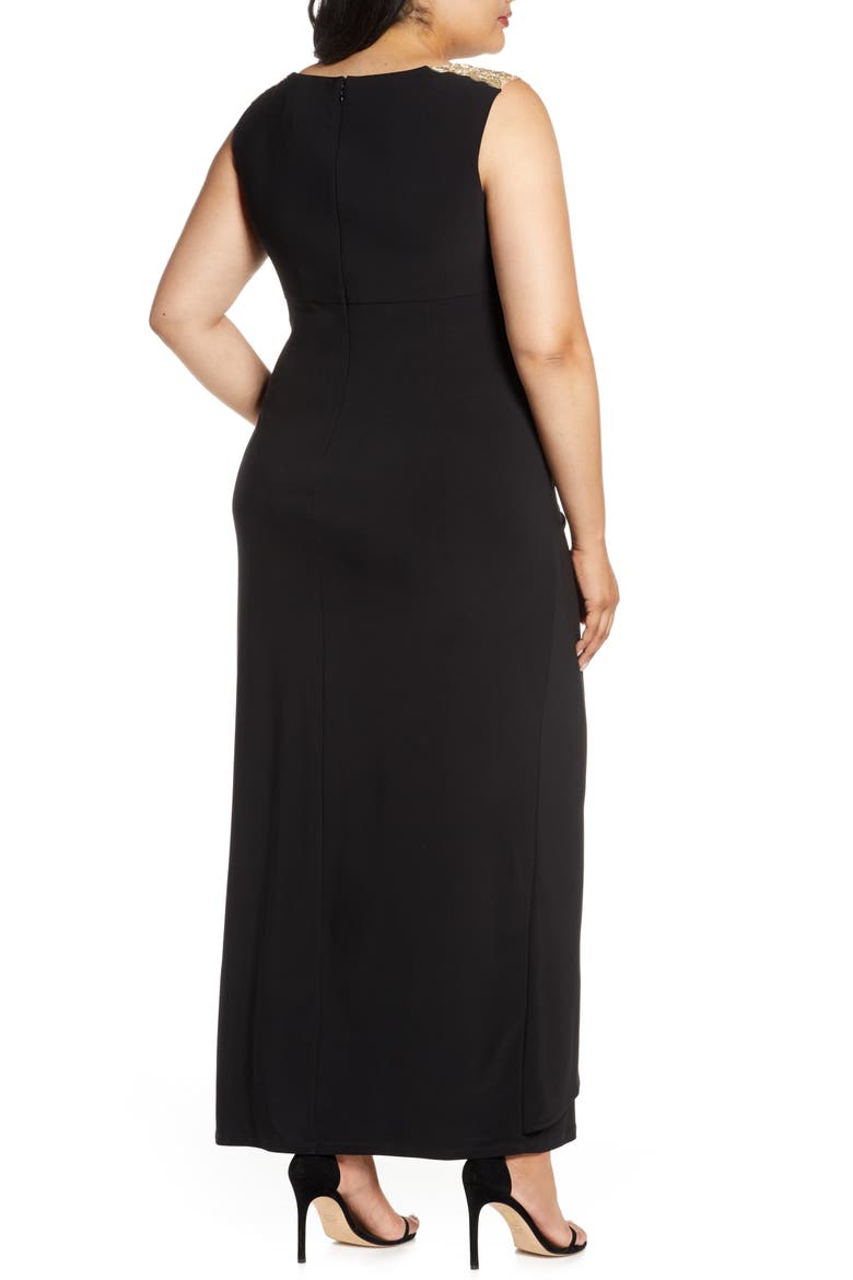 Embroidered Side Ruched Gown, Alternate, color, BLACK GOLD