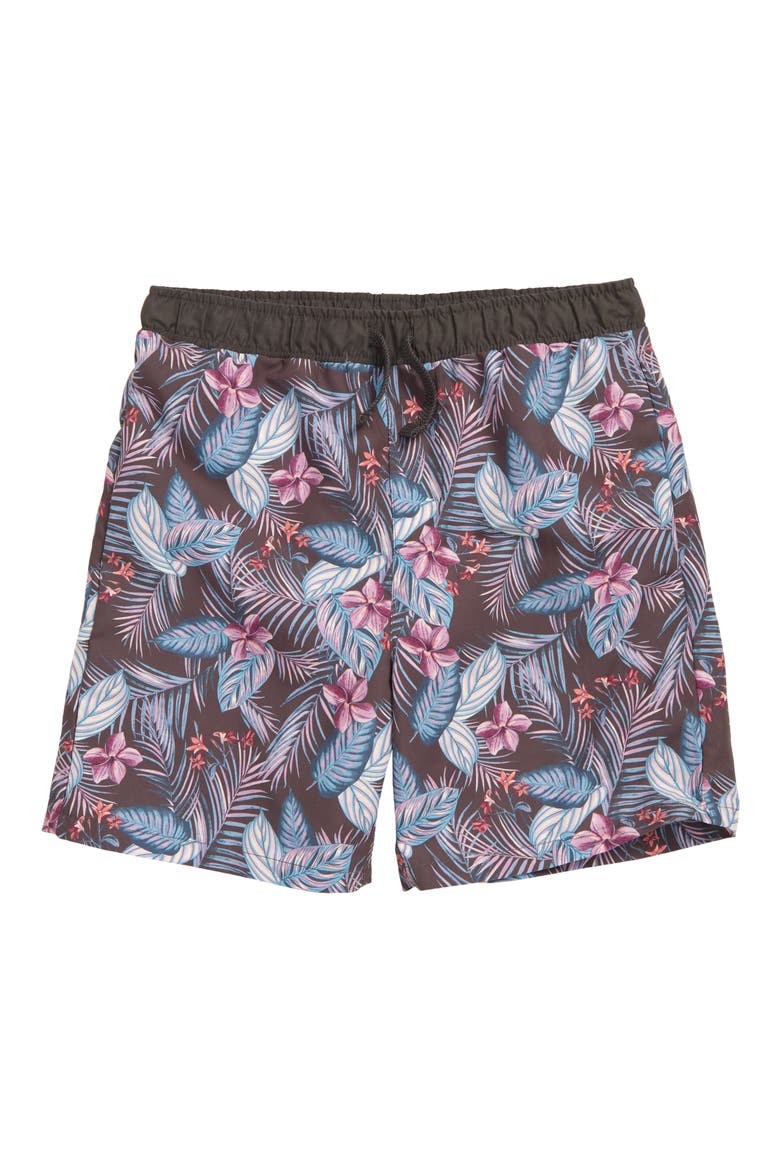 Kids' Print Swim Trunks, Main, color, BLACK RAVEN DARK TROPICAL