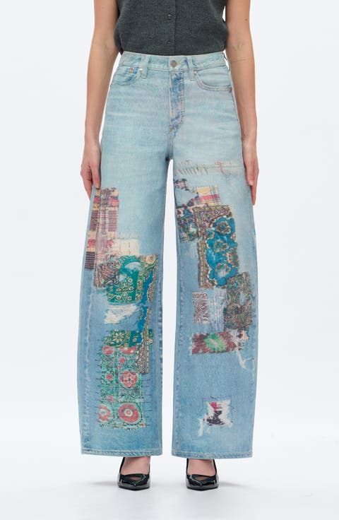 Print High Waist Barrel Leg Jeans