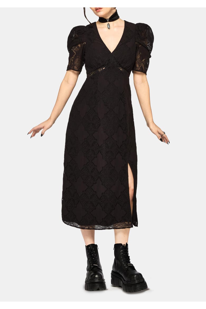 Zephyr Crossed Lace V-Neck Midi Dress, Alternate, color, Black