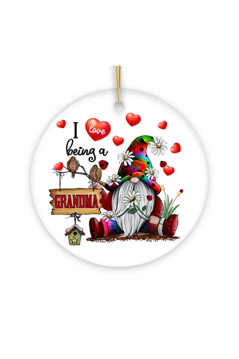 Grandma Gnome Daisy Hearts Ceramic Ornament