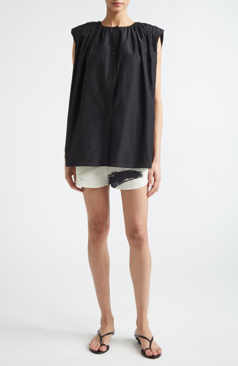 LOULOU DE SAISON Anca Gathered Sleeveless Cotton & Silk Voile Button-Up Top, Alternate, color, Black