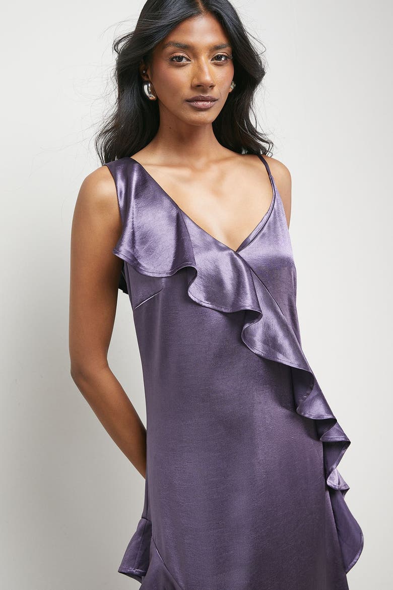 satin ruffle midi dress Warehouse Women's (S) Metallic Satin Ruffle High Apex Midi Slip Dress in Mauve