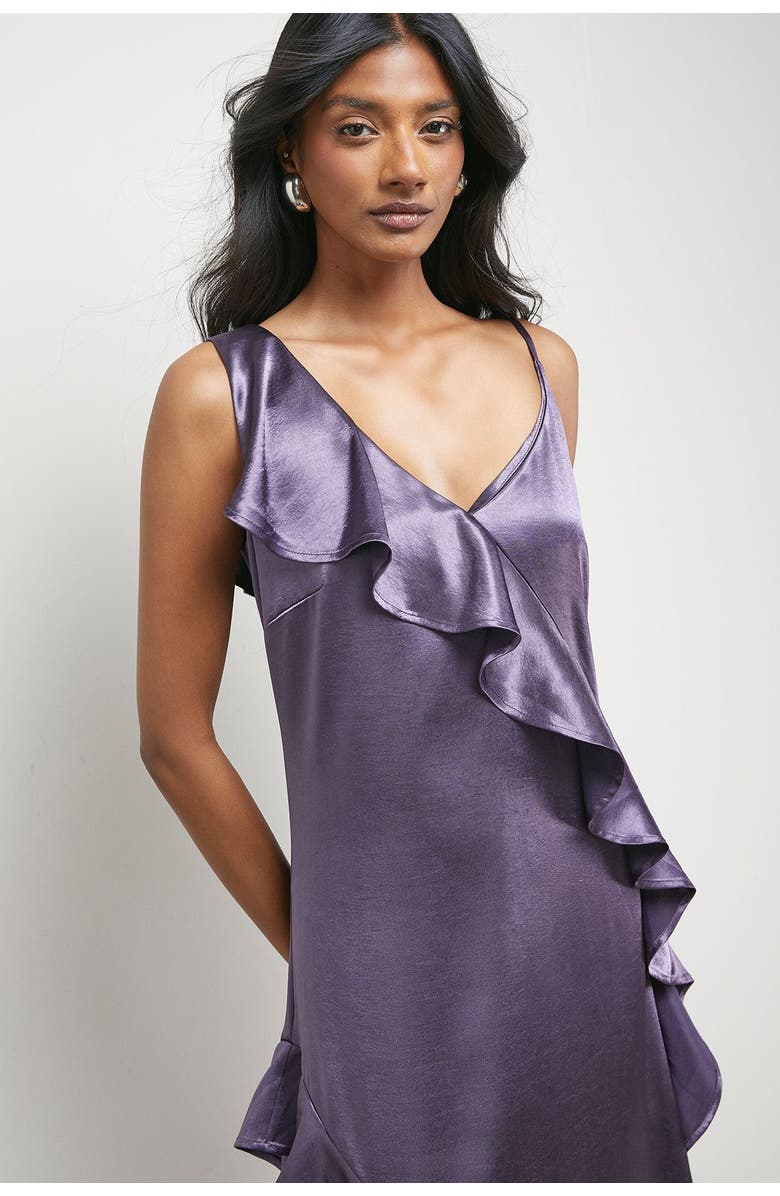 Warehouse Metallic Satin Ruffle Midi Slip Dress, Alternate, color, Mauve