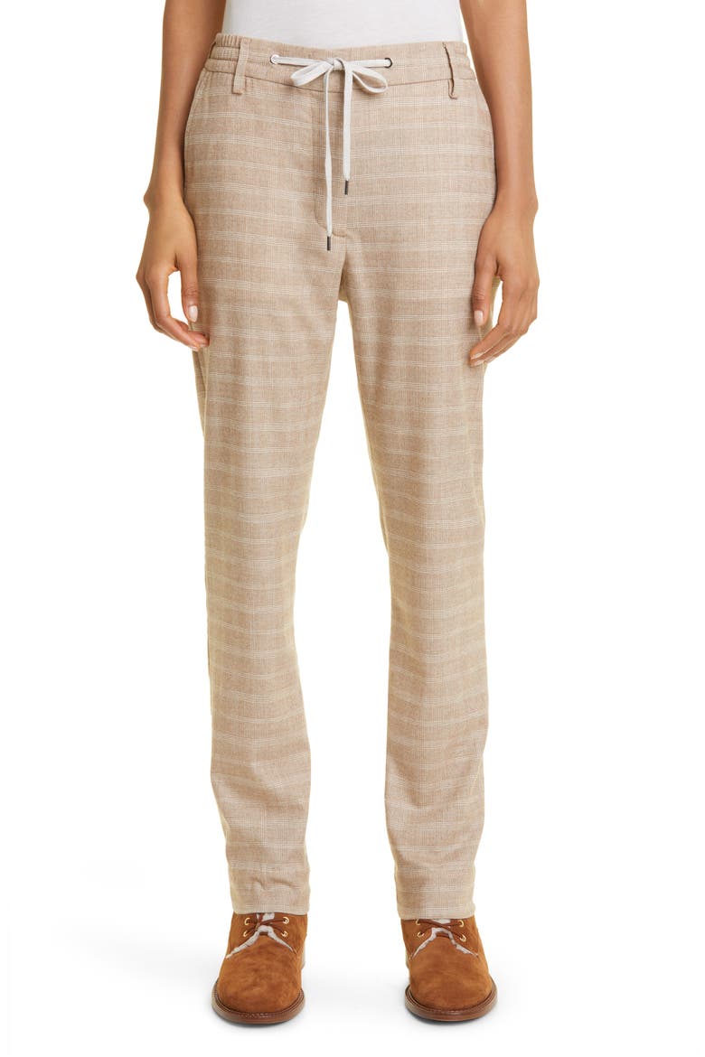 Plaid Drawstring Waist Virgin Wool Blend Pants, Main, color, SABBIA