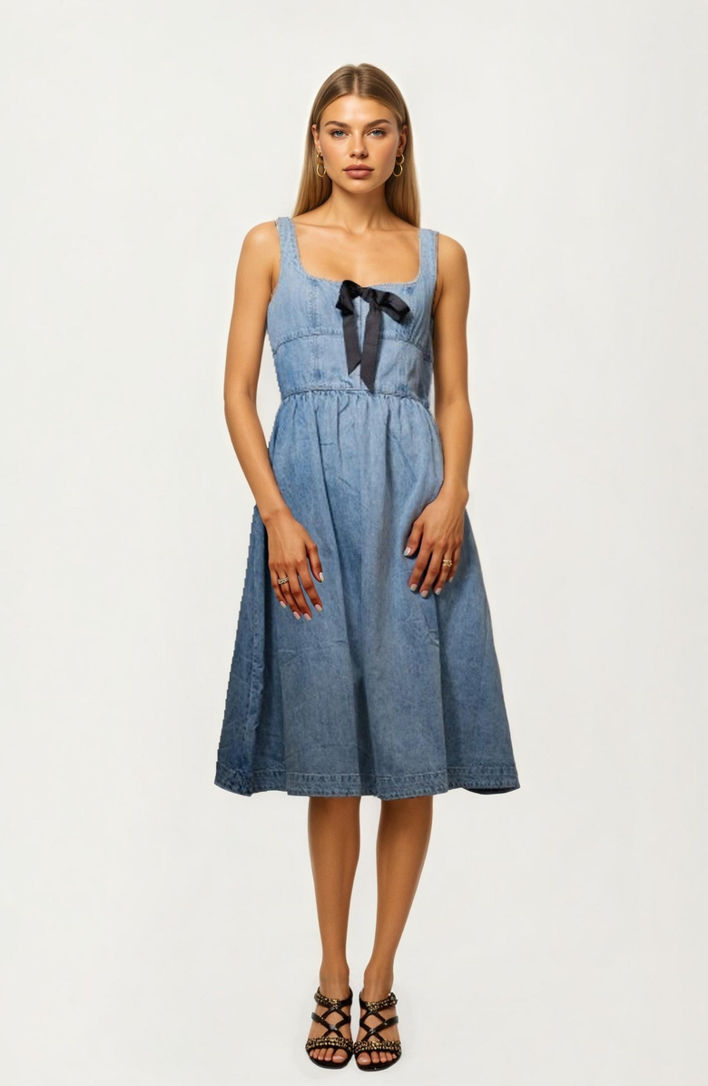 Knit and Lounge Square Neckline Contrast Bow Denim Midi Dress, Main, color, 