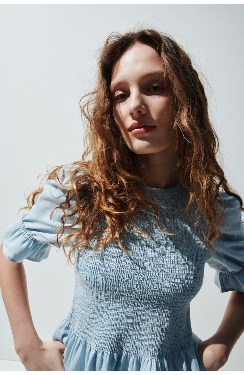 H&M Smocked Denim Blouse, Alternate, color, Light Blue