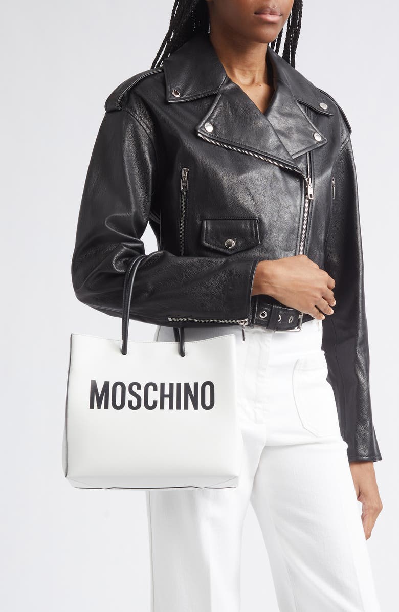 Moschino Logo Leather Shopper Tote, Alternate, color, 100 White