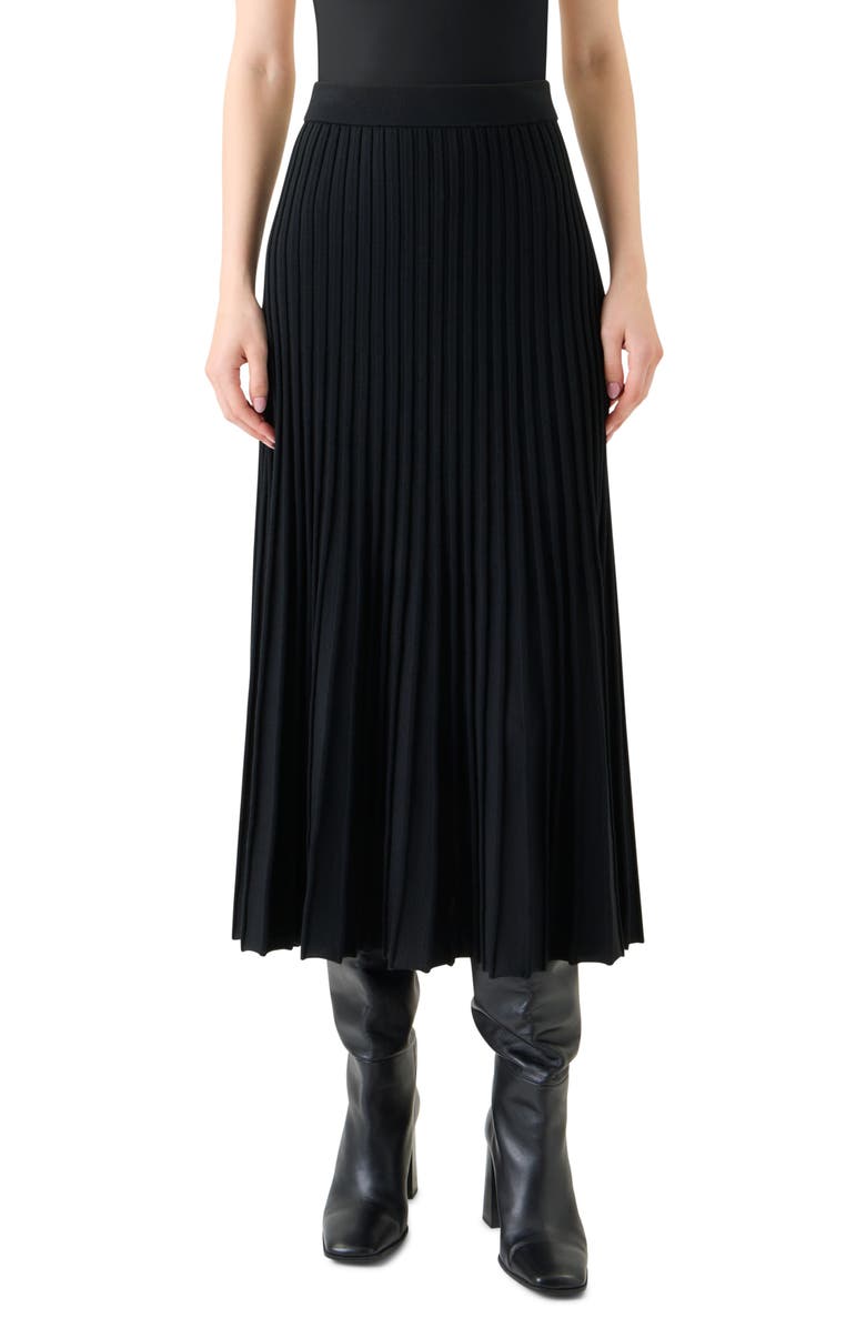 Akris punto Plissé Stretch Wool & Cashmere A-Line Midi Skirt, Main, color, Black