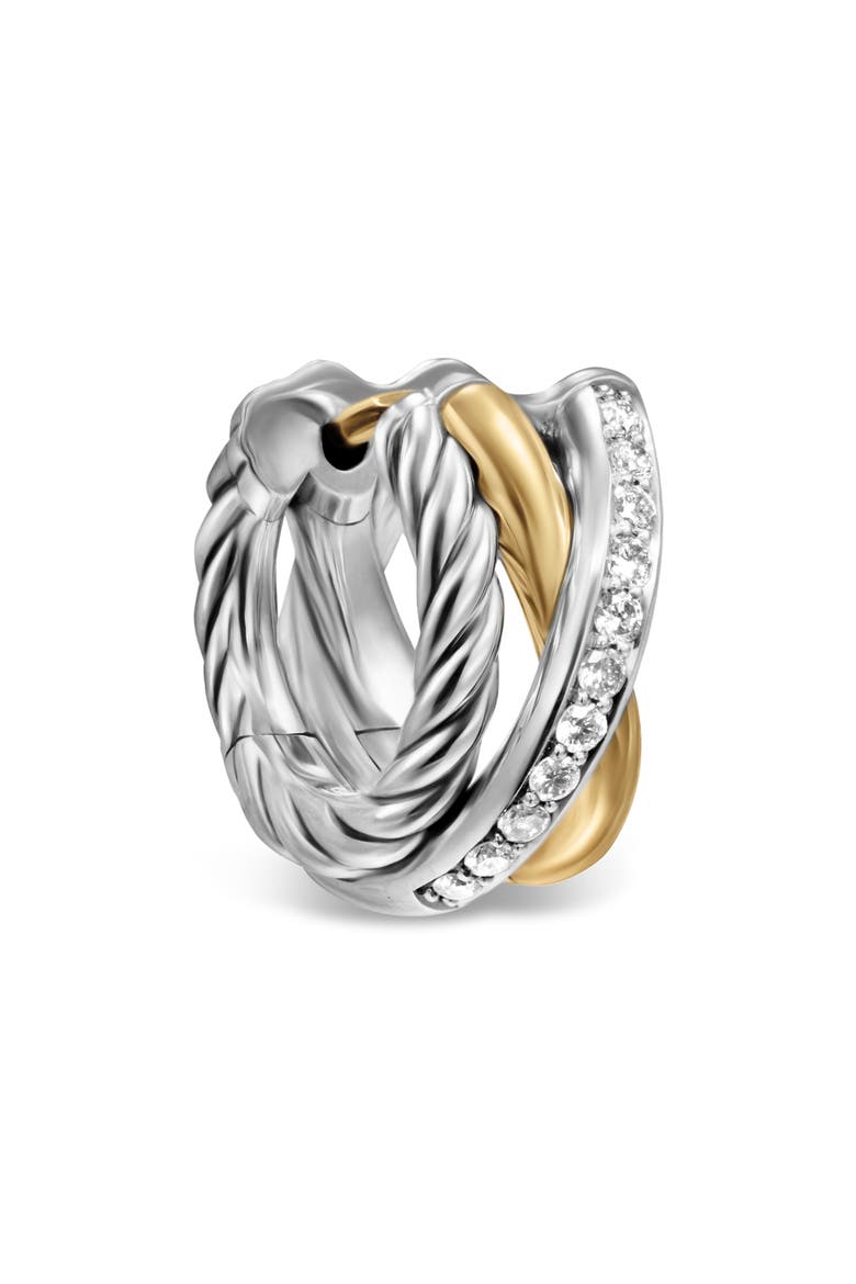 Crossover Three-Row Huggie Hoop Earrings in Sterling Silver with 18K Yellow Gold, 13mm, Alternate, color, STERLING SILVER AND 18K GOLD