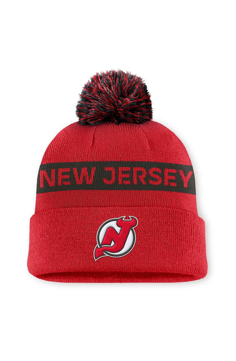 FANATICS Women's Fanatics Red/Black New Jersey Devils Authentic Pro Rink Cuffed Knit Hat with Pom, Main, color,