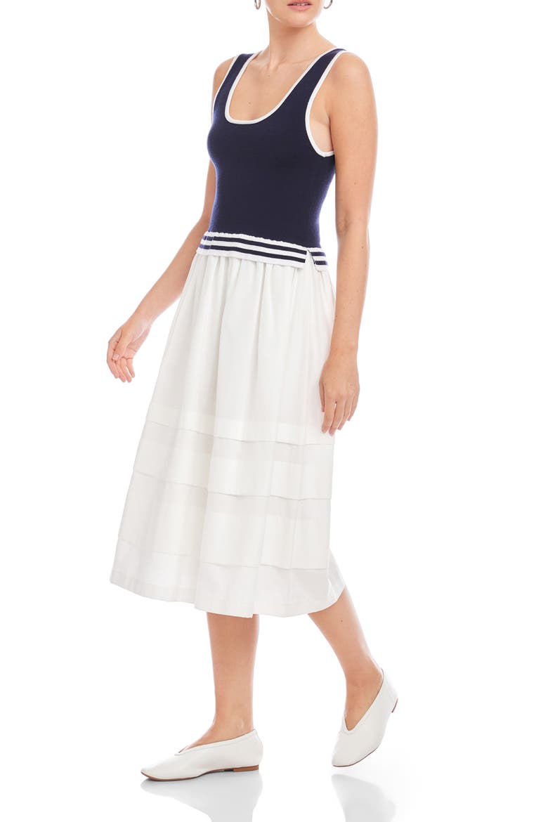 Thea Mixed Media Midi Dress, Alternate, color, NAVY W/ WHITE