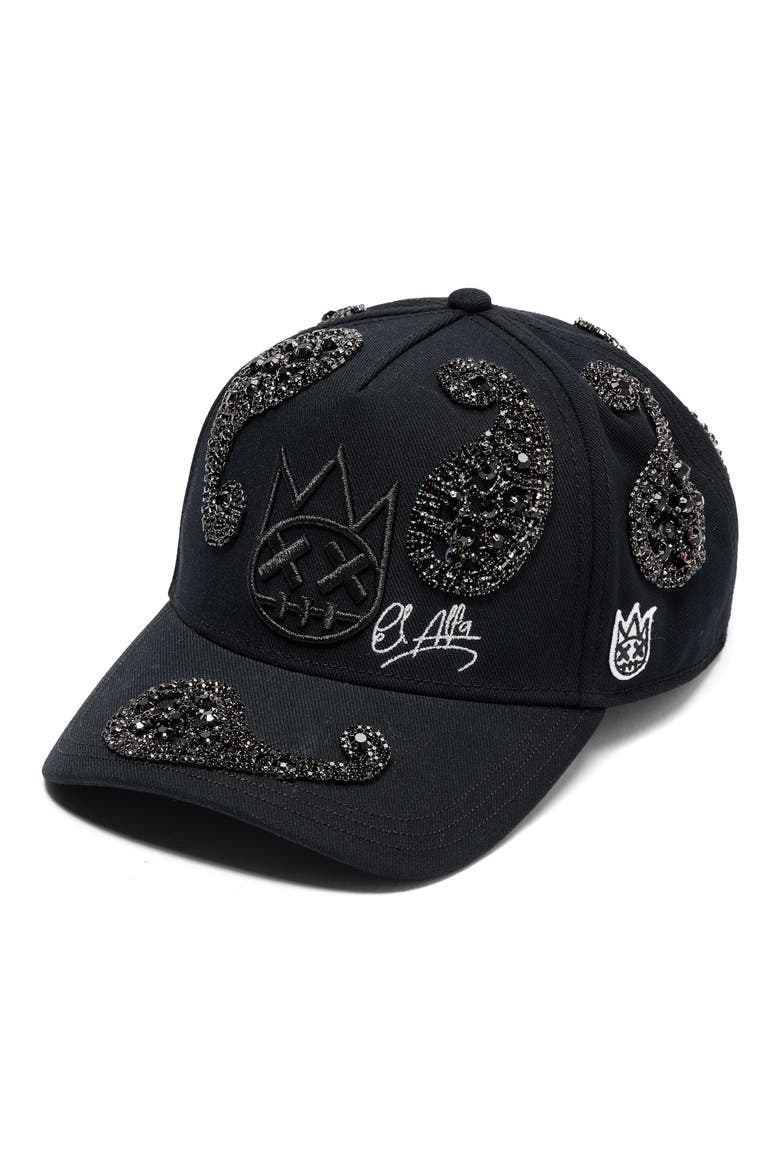 Paisley Embellished 5-Panel Trucker Hat, Alternate, color, BLACK
