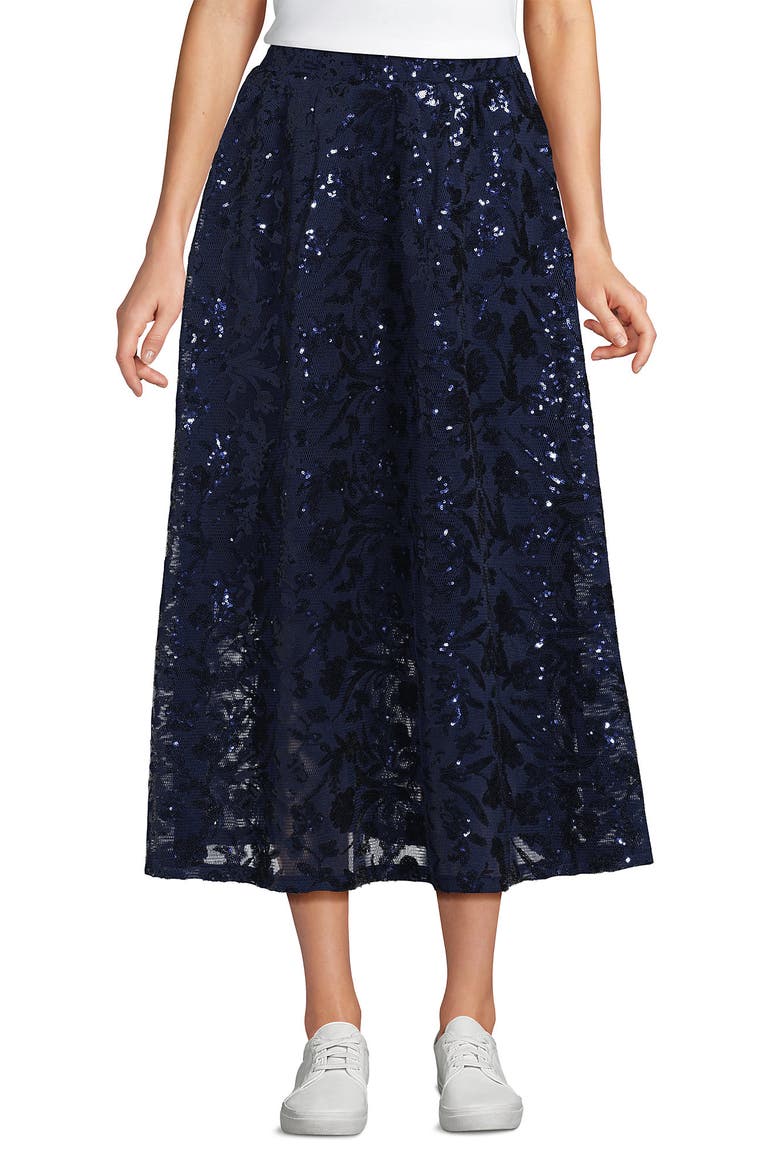 Sequin Lace Mid Rise Midi Skirt, Main, color, Deep Sea Navy