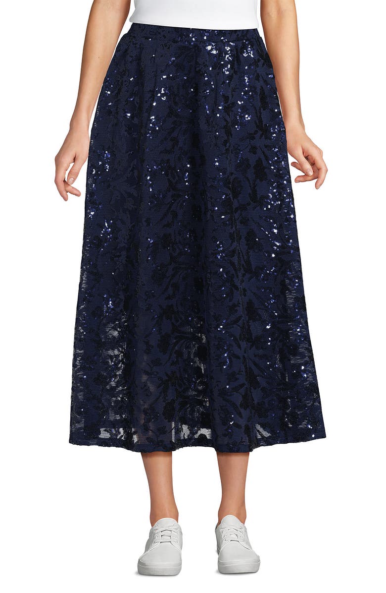 Lands' End Sequin Lace Mid Rise Midi Skirt, Main, color, Deep Sea Navy