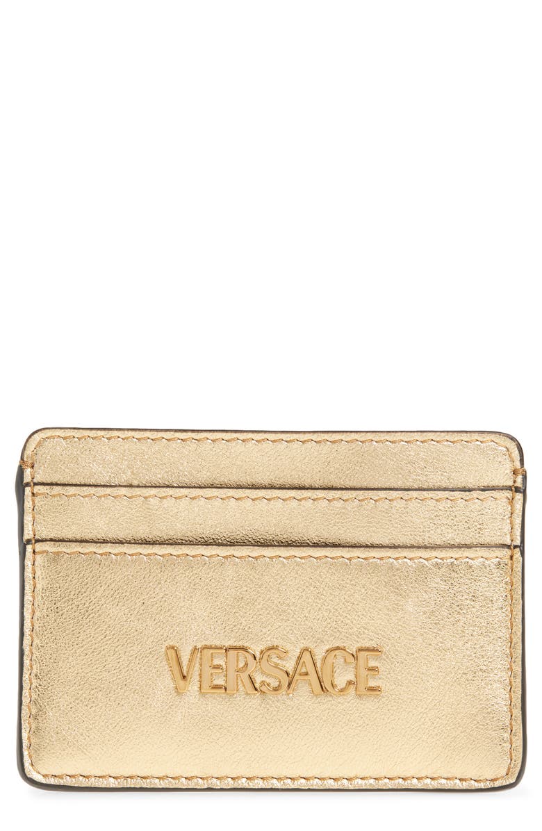 Versace Logo Metallic Leather Card Case, Main, color, Mekong Gold Versace