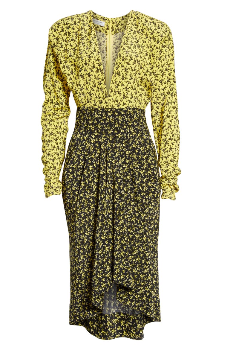 Two-Tone Floral Print Long Sleeve Crêpe de Chine Dress, Alternate, color, 4031 BLACK