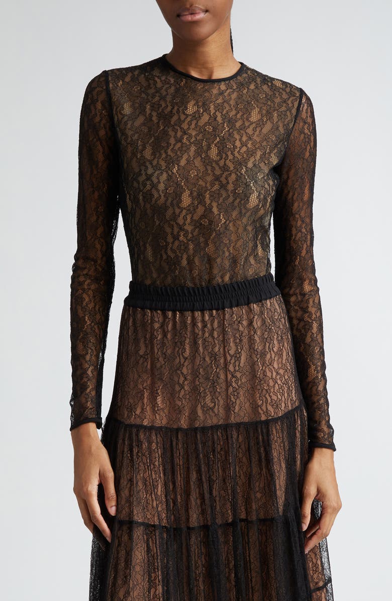 Michael Kors Collection Long Sleeve Chantilly Lace Bodysuit, Main, color, 