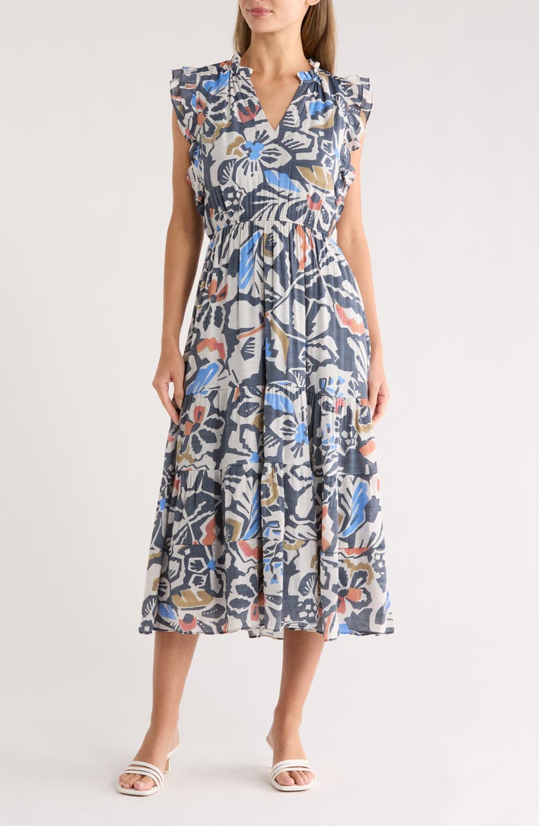 SANDRA DARREN Ruffle Sleeve Midi Dress, Main, color, Black Multi