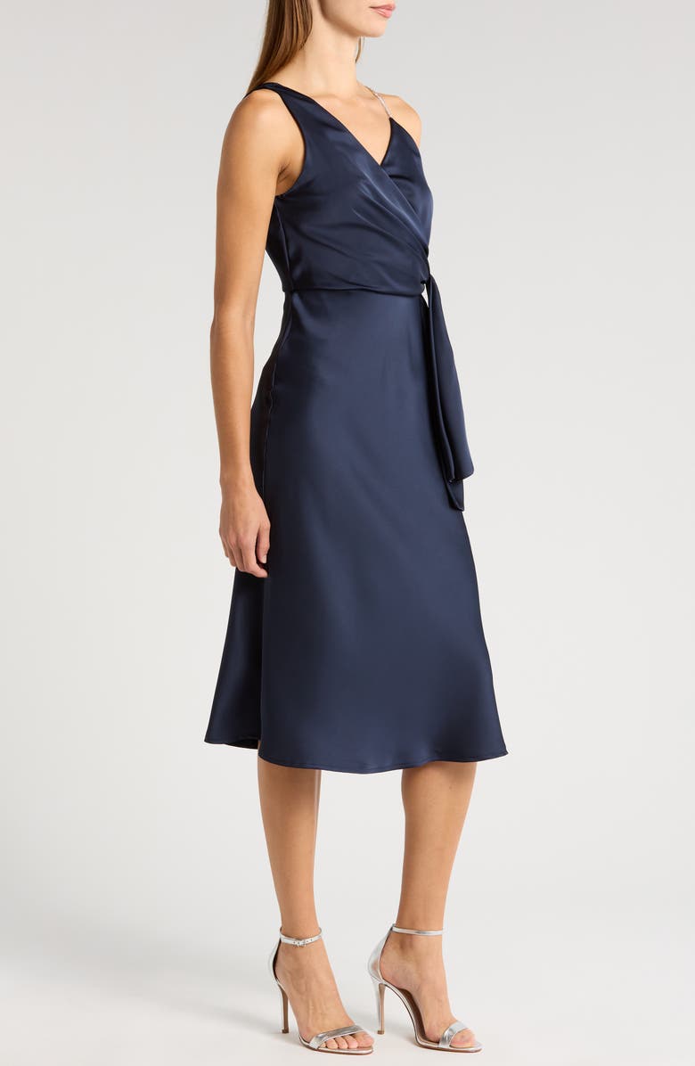 Sam Edelman Rhinestone Strap Satin Faux Wrap Cocktail Dress, Alternate, color, Navy