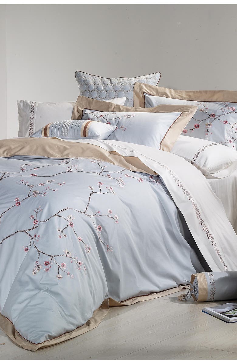 MELANGE HOME Blue Full/Queen Sakura Embroidered Cotton Duvet 3-Piece Set, Main, color, Blue
