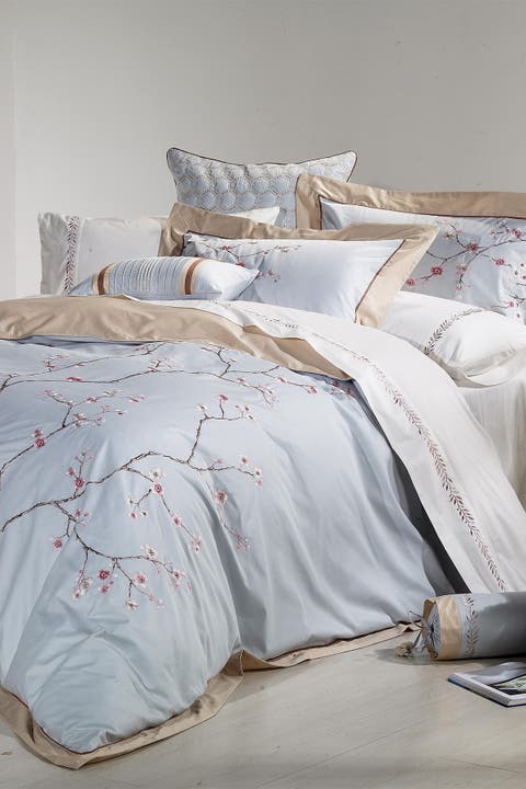 Blue Full/Queen Sakura Embroidered Cotton Duvet 3-Piece Set