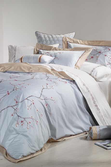 MELANGE HOME Blue Full/Queen Sakura Embroidered Cotton Duvet 3-Piece Set