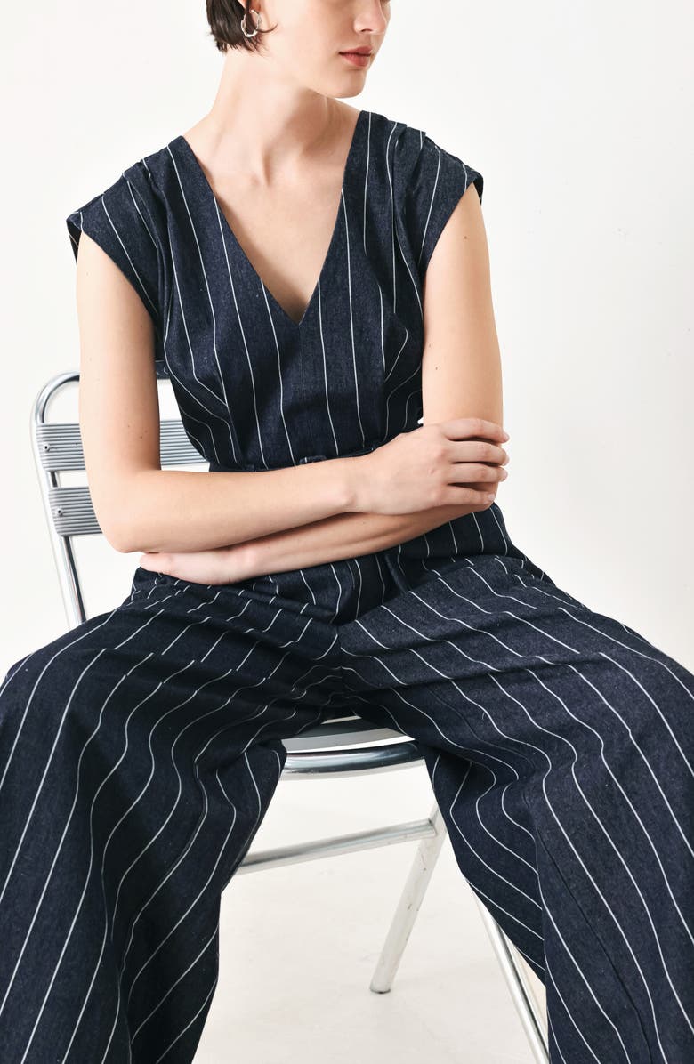 FREEMARKET Striped Wide Leg Jumpsuit, Alternate, color, Dark Denim