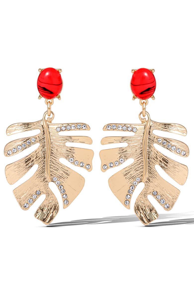 Jessica Simpson Gold-Tone Tropical Leaf Drop Earrings with Red Accents, Statement Earrings with Crystal Detailing, Main, color, Gold