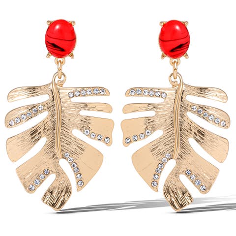 Gold-Tone Tropical Leaf Drop Earrings with Red Accents, Statement Earrings with Crystal Detailing
