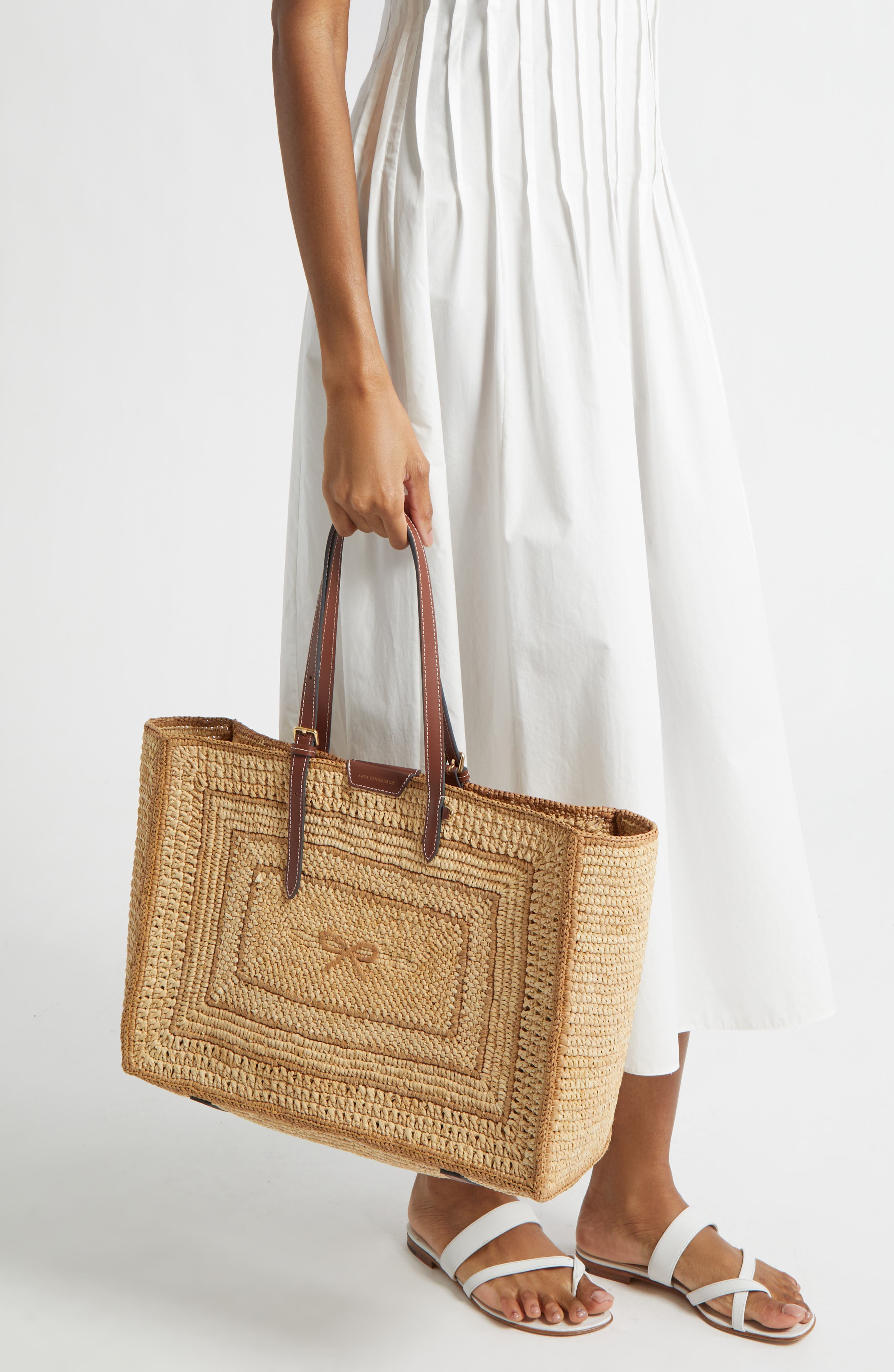 Anya Hindmarch Bow Crocheted Raffia East/West Tote, Alternate, color, Natural