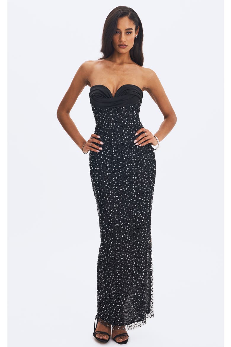 Preslie Satin & Crystal Mesh Sheath Maxi Dress, Alternate, color, Black