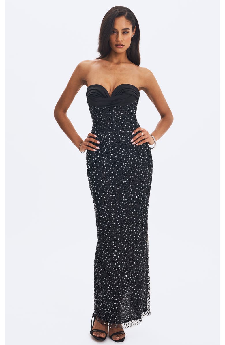 Miss Circle Preslie Satin & Crystal Mesh Sheath Maxi Dress, Alternate, color, Black