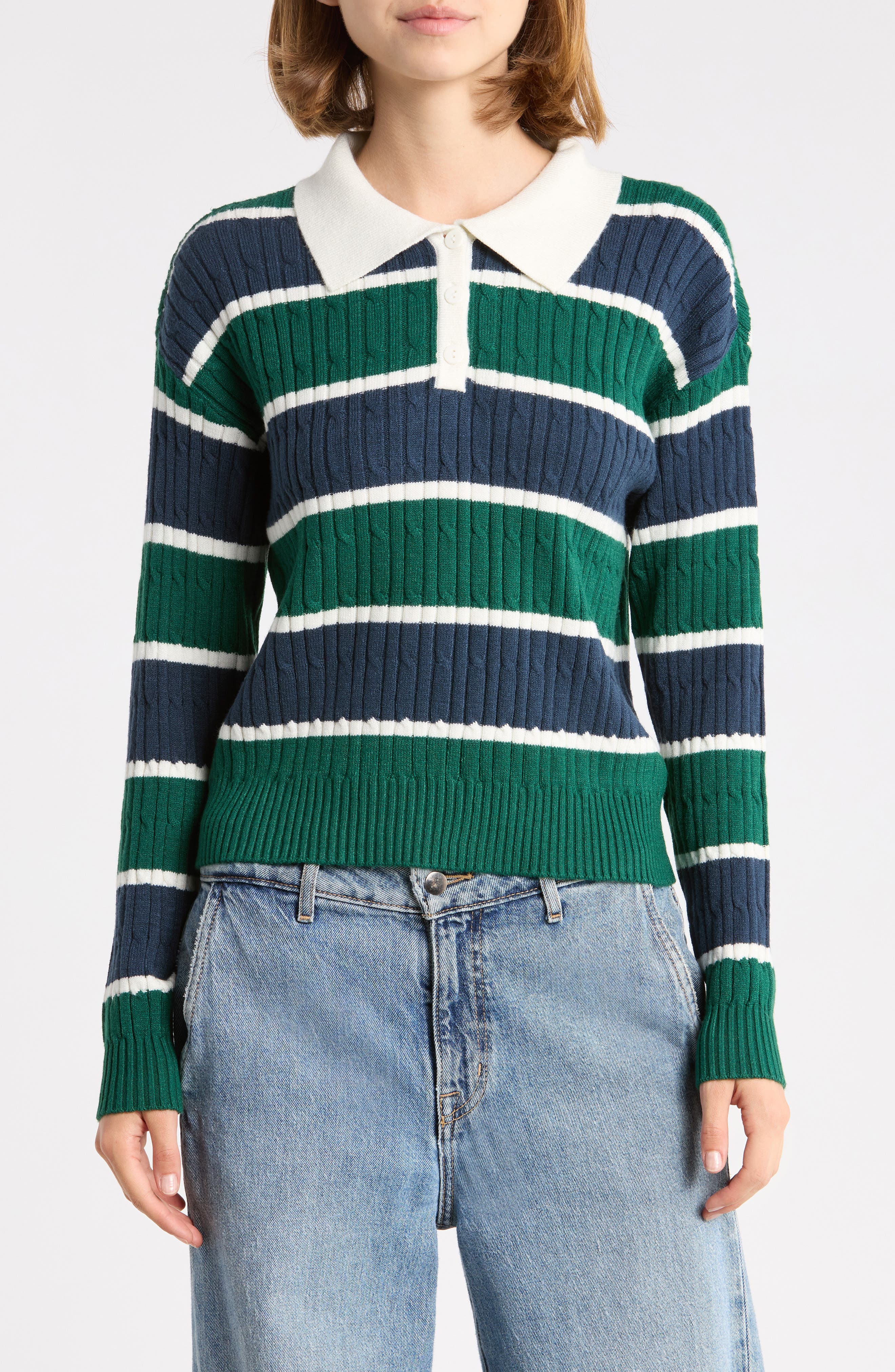 Striped Cable Knit Polo Sweater
