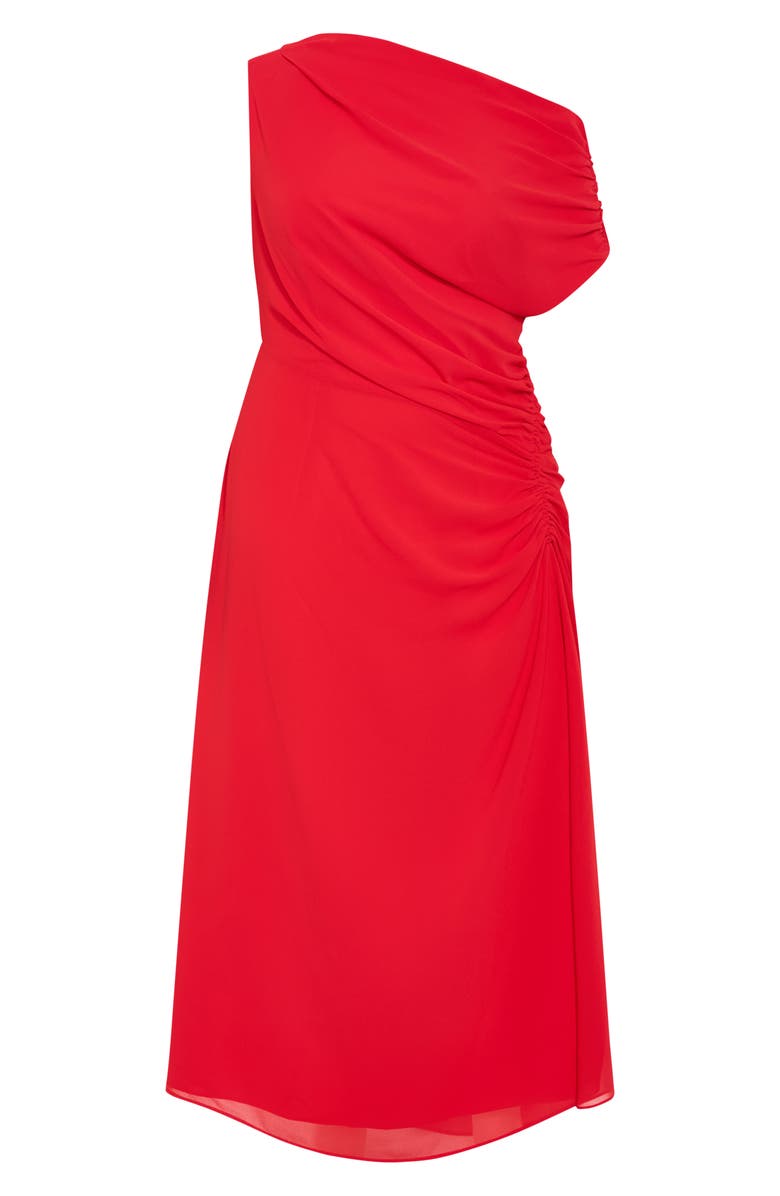 City Chic One-Shoulder Mesh Midi Dress, Main, color, Vibrant Red