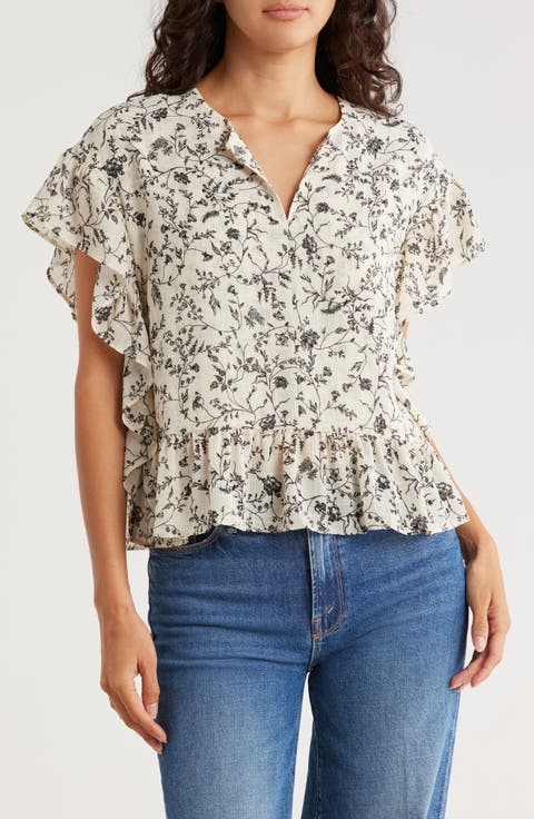 Ruffle Cap Sleeve Chiffon Popover Top