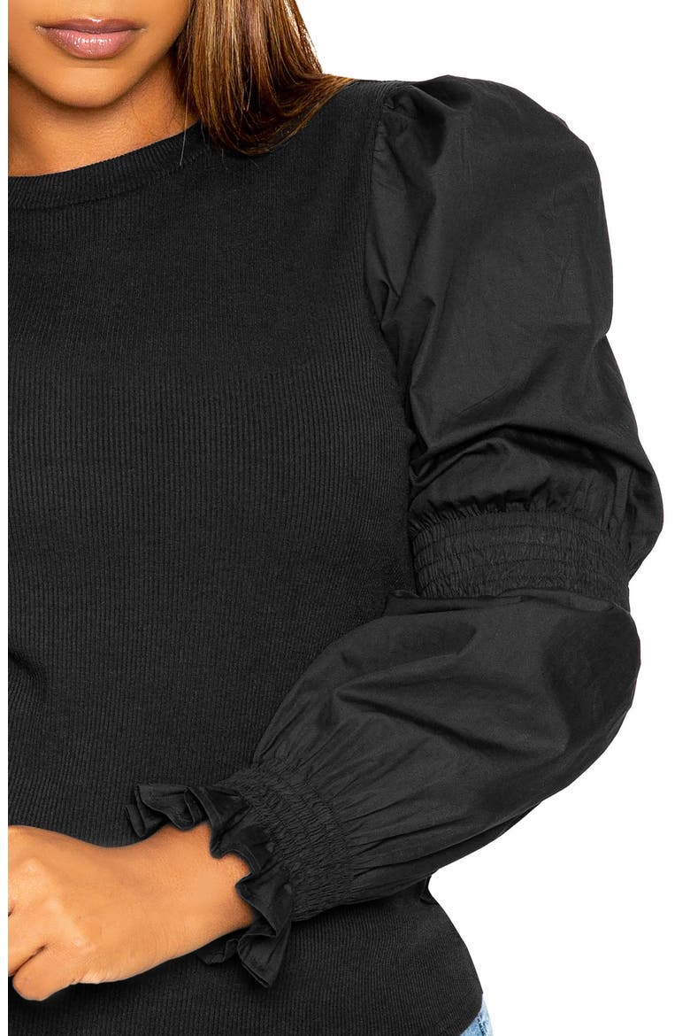 Mixed Media Balloon Sleeve Blouse, Alternate, color, BLACK