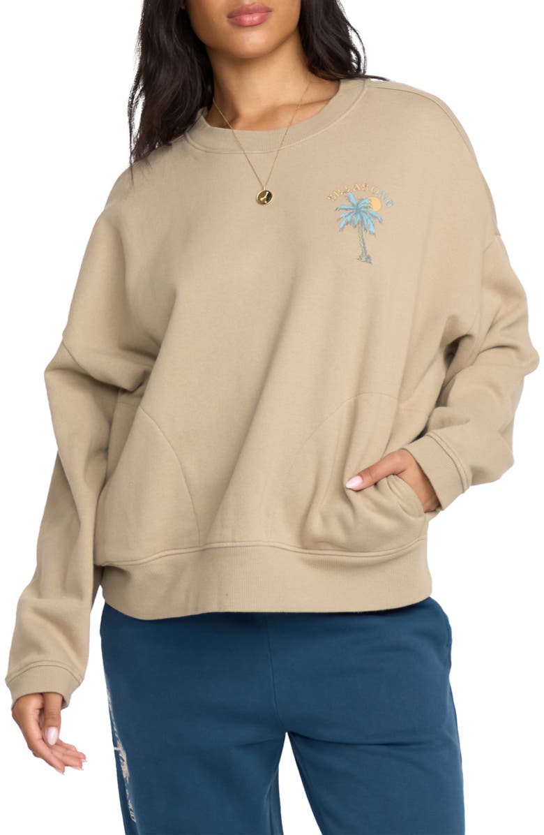Billabong Palmin' Camp Fleece Graphic Sweatshirt, Main, color, Cobblestone