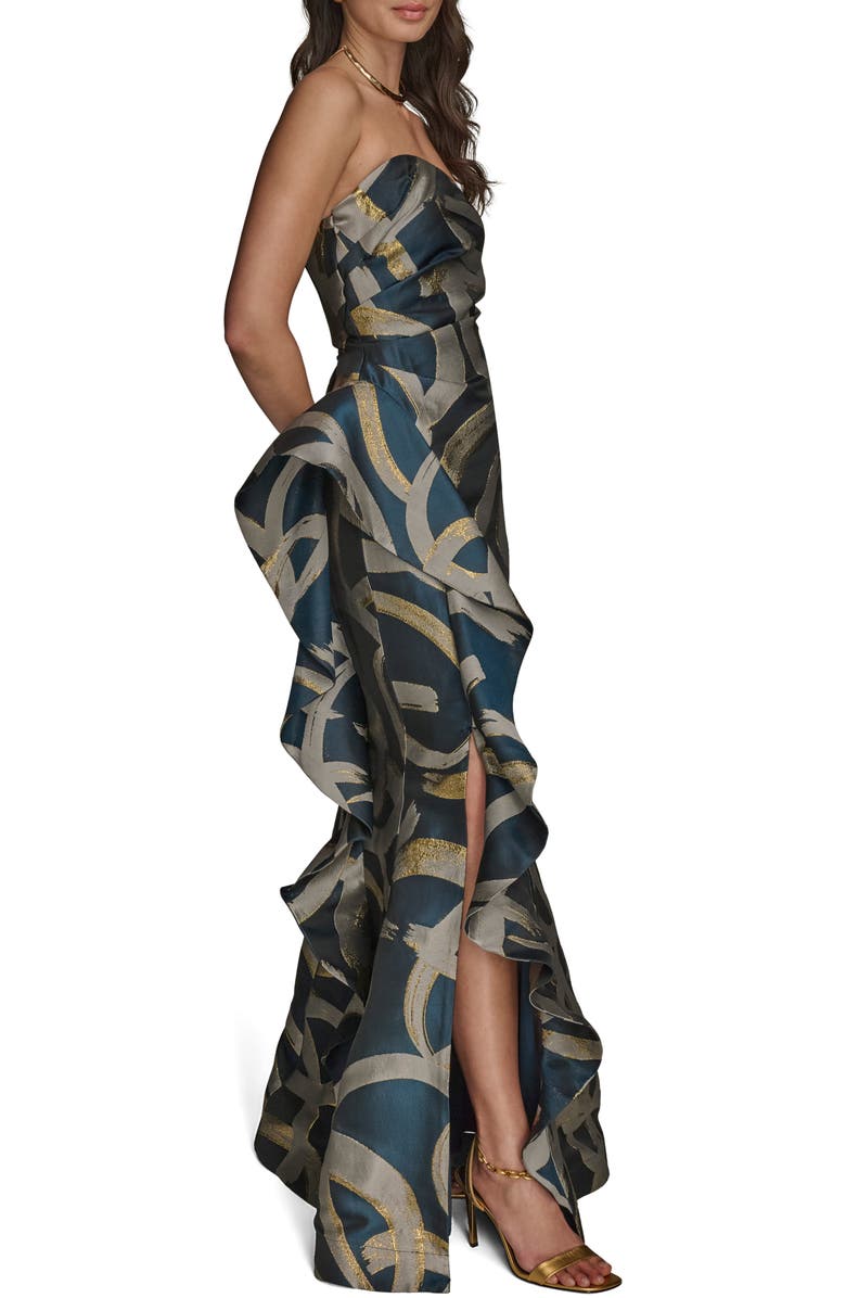 Donna Karan New York Ruffle Strapless Metallic Jacquard Trumpet Gown, Alternate, color, Tide/ Sand