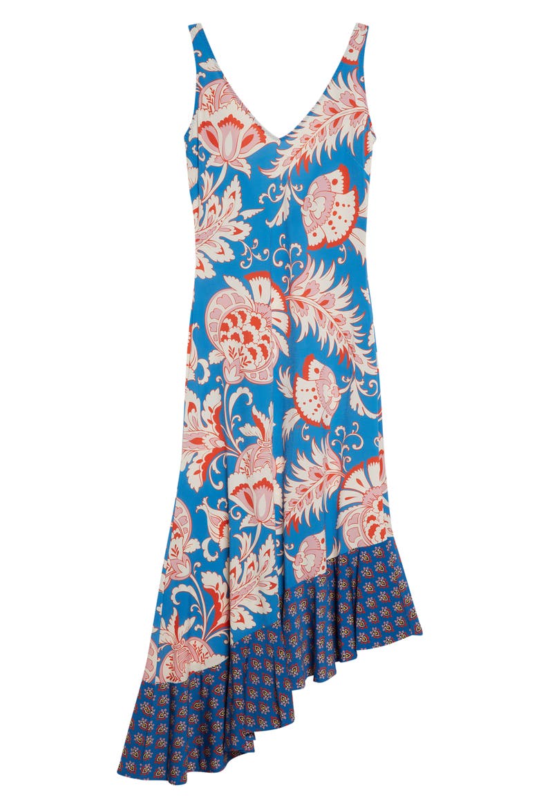 Asymmetric Ruffle Hem Midi Dress, Alternate, color, PRINT ON PALE BLUE BASE