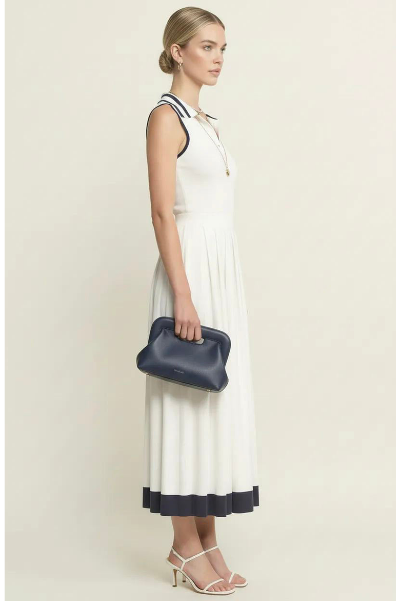 Sleeveless Knit Midi Dress with Contrast Collar and Hem Detail, Alternate, color, White