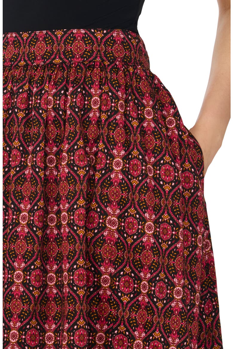 Print Stretch Cotton Midi Skirt, Alternate, color, RICH BLACK/ BURGUNDY