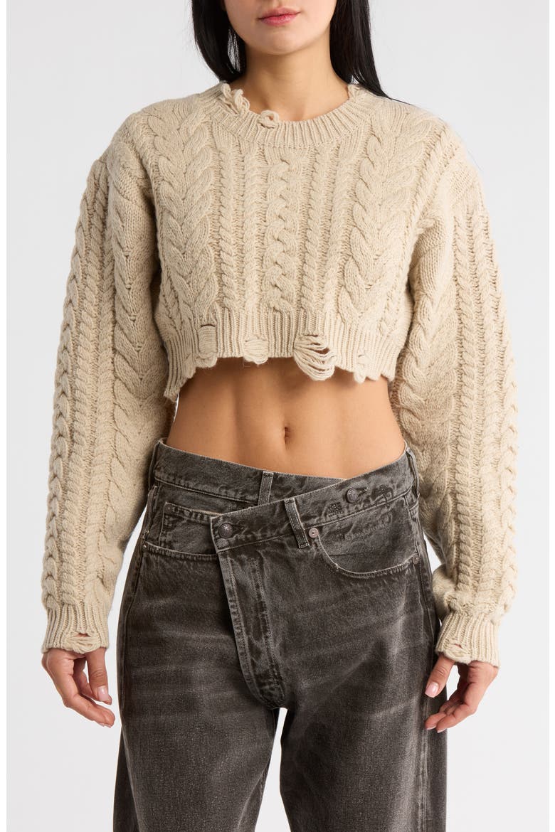 Distressed Wool Cable Knit Crop Sweater, Main, color, OATMEAL