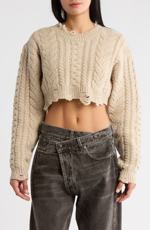 Distressed Wool Cable Knit Crop Sweater