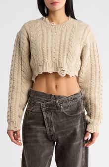 R13 Distressed Wool Cable Knit Crop Sweater