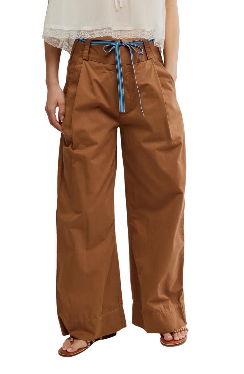 Free People Buckle Belt Cotton WIde Leg Pants, Main, color, Tobacco Combo
